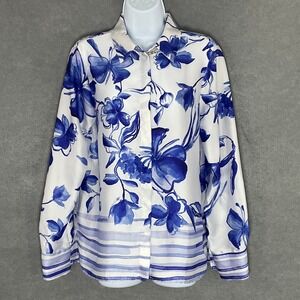 Zara‎ Floral Print Satin Button Down Shirt Long Sleeve Blue White Women's Size M